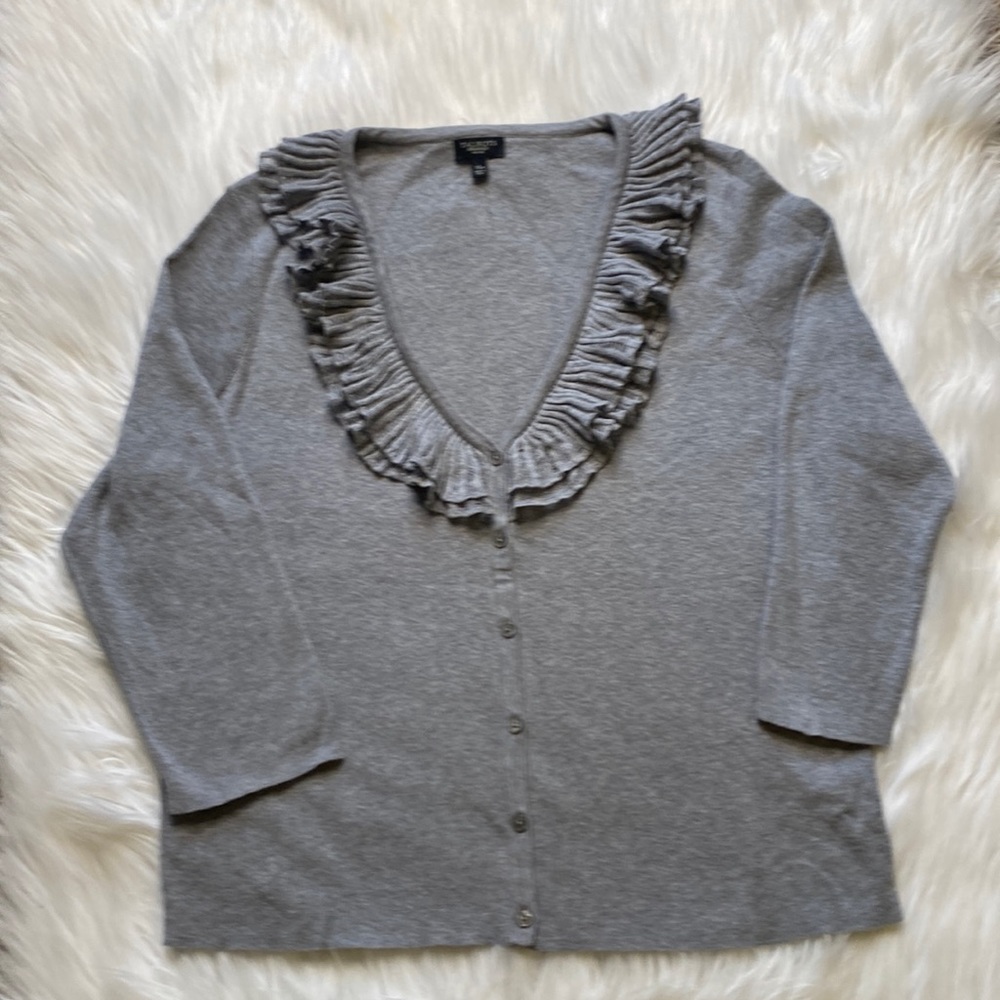 Talbots Gray Ruffled Neckline Cardigan, XL Petite
